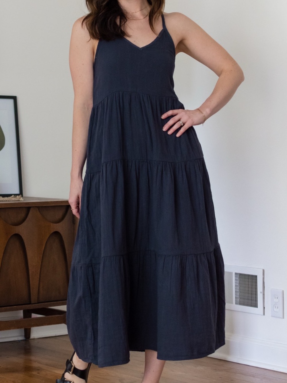 ABLE Tyler Strappy Tiered Maxi Dress Cotton Gauze Charcoal Gray Size Medium